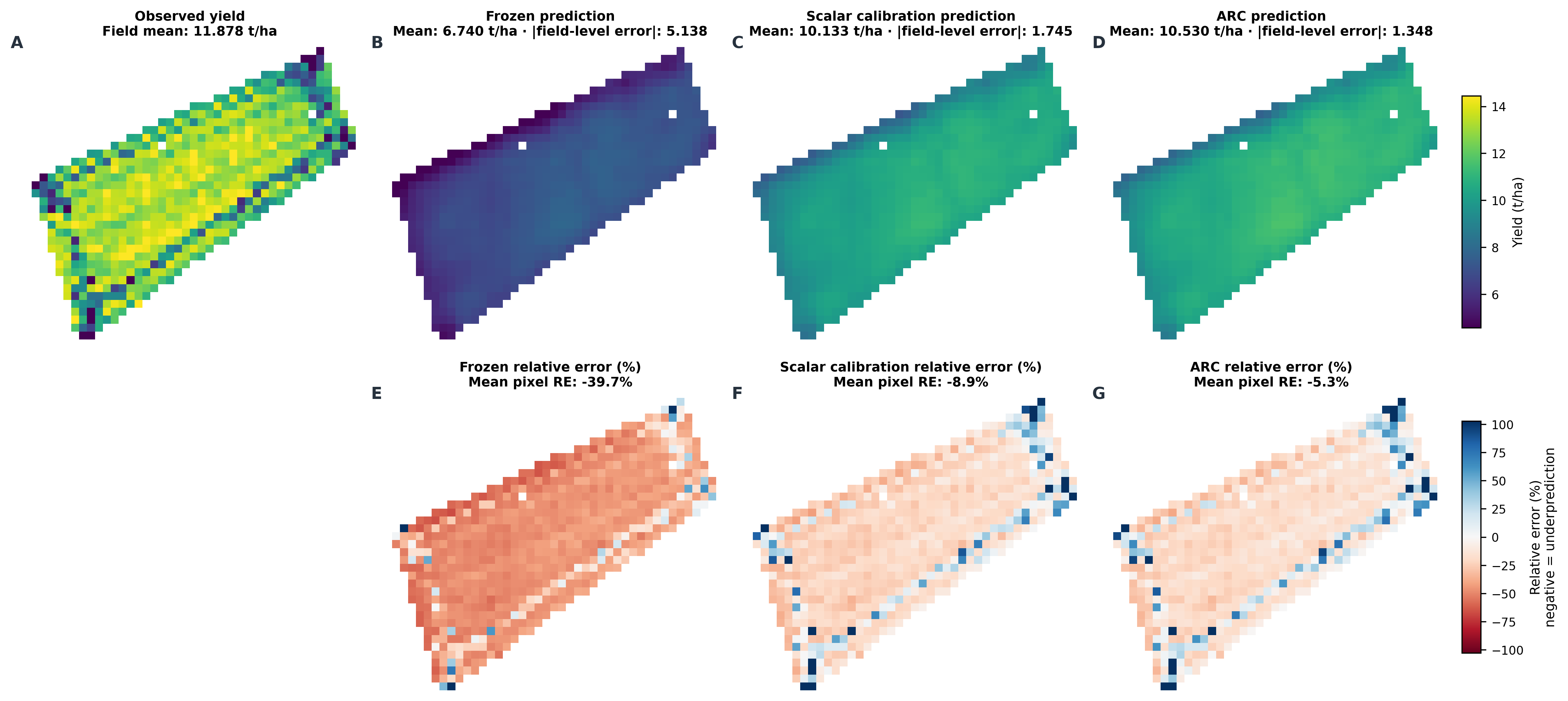 Observed yield and frozen, calibrated, and ARC prediction maps for the current wheat LORO showcase field